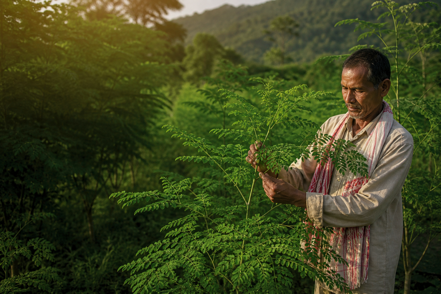 Farmer tending moringa trees in Assam